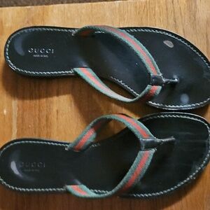 Gucci Green and Red Web Strap Flat Sandals